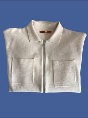 Women's Beige Zip-Front Sweater with Patch Pockets L